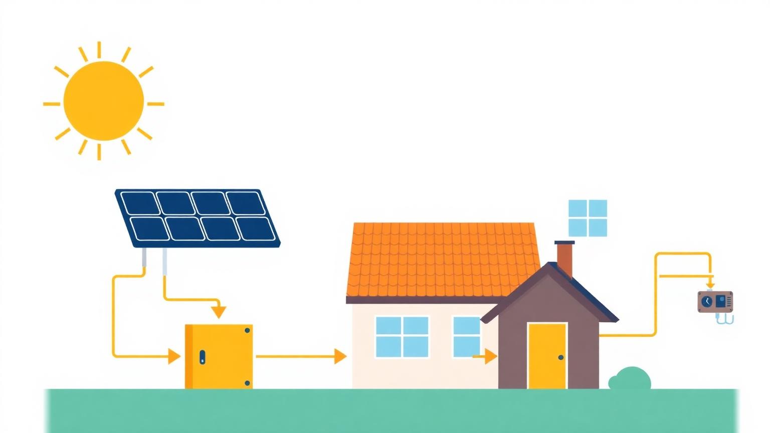 Diagrama ilustrativo do caminho da energia: sol, painéis, inversor, casa e medidor da rede