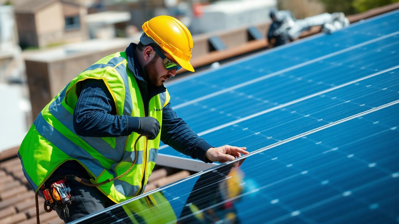 Técnico com equipamento de segurança instalando painéis solares em um telhado